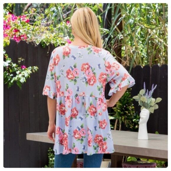 Blue and Pink Floral Tunic Ruffled Sleeves Oversized Top - Picture 4 of 5